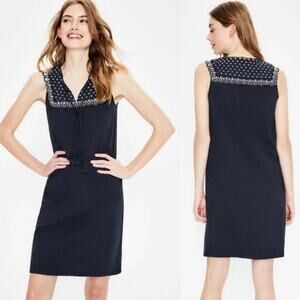 Boden Navy Blue Embroidered Yoke Tassel Shift Dress Size‎ 6 Cottagecore Boho